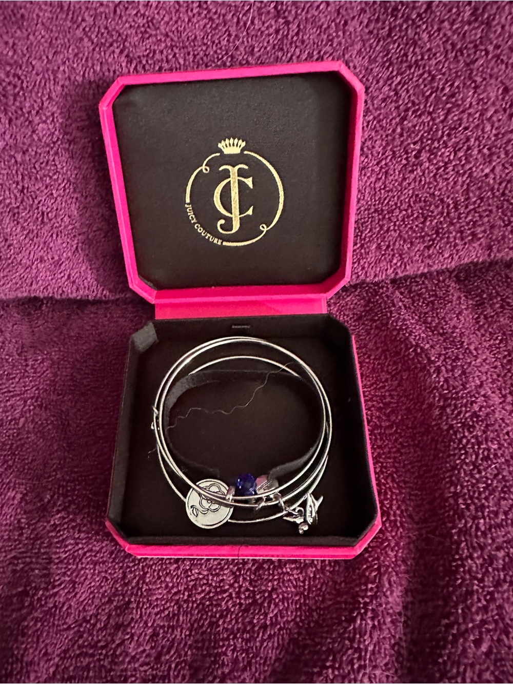 Juicy Couture Bracelet Set Of 3 Silver Tone Bangle with Charms